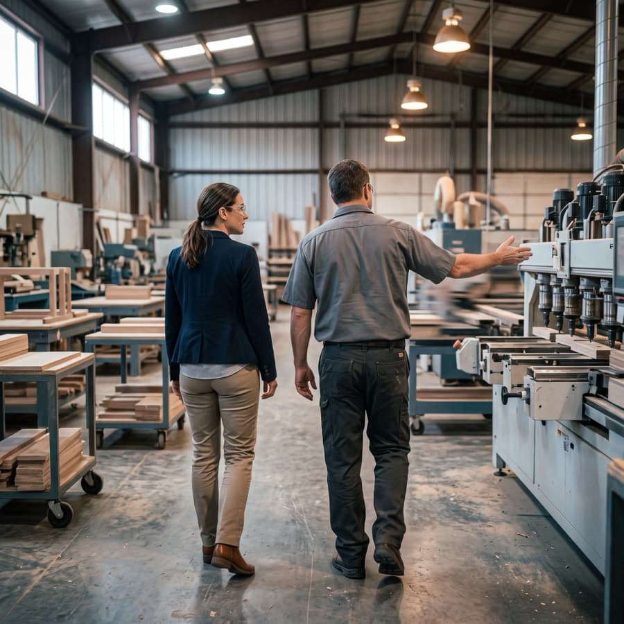 A recruiter in safety glasses walking a furniture plant floor beside a plant manager