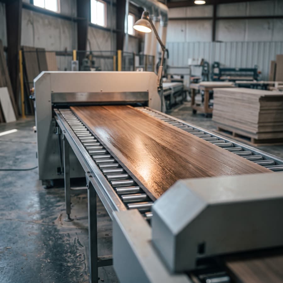 A walnut panel with a wet finish emerging from the coating head of a UV finishing line