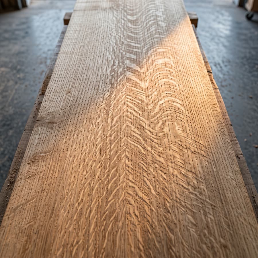 Close detail of quartersawn white oak showing medullary ray fleck under raking light